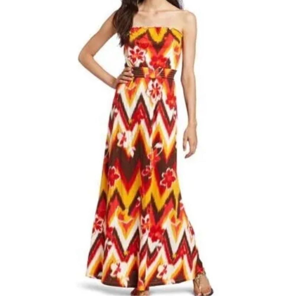Lucky Brand Strapless Maxi Dress Stretch Cotton Orange Brown Chevron size S